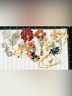 17pc Statement Brooch Lot Exquisite Enamel Flower Pearl Crystal Figural Pin Set